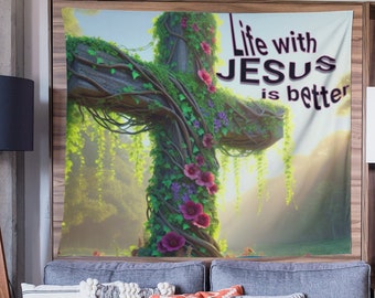 Life With Jesus Is Better Tapestry | Christian Tapestry | Christian Dorm Tapestry | Christian Wall Art | Christian Gift | College Dorm Decor