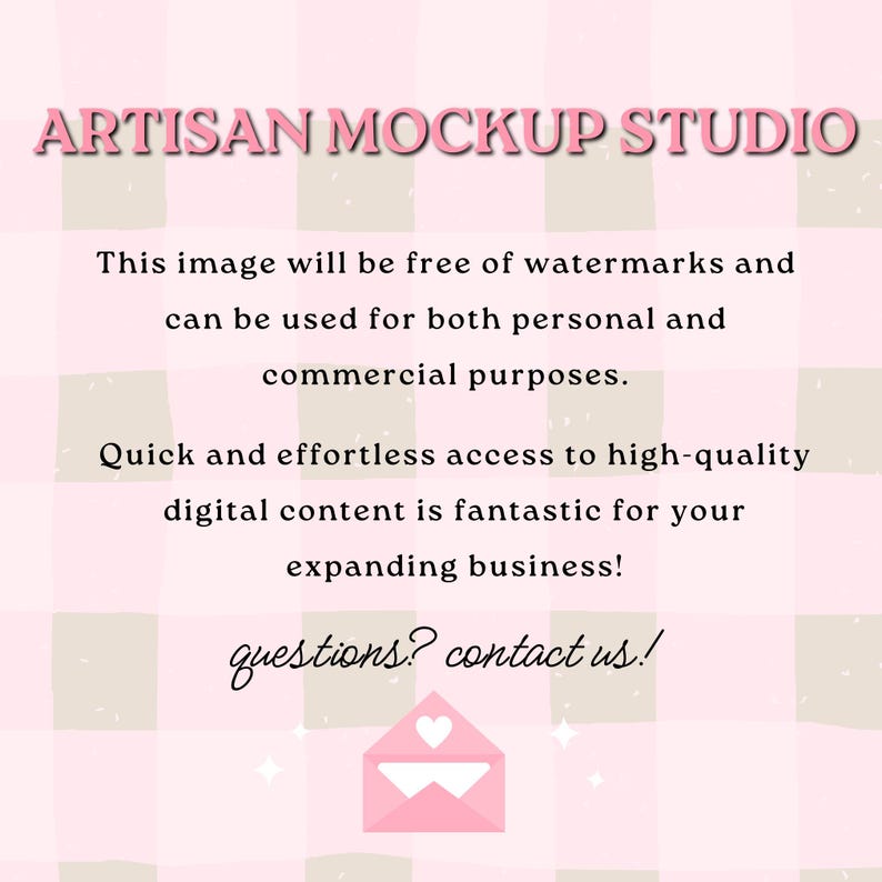 K&ouml;nnte beinhalten: Rosa-wei&szlig;er karierter Hintergrund mit dem Text "ARTISAN MOCKUP STUDIO" in Schwarz. Der Text "Dieses Bild ist frei von Wasserzeichen und kann sowohl f&uuml;r private als auch f&uuml;r kommerzielle Zwecke verwendet werden." ist ebenfalls in Schwarz. Der Text "Schneller und m&uuml;heloser Zugriff auf hochwertige digitale Inhalte ist fantastisch f&uuml;r Ihr wachsendes Gesch&auml;ft!" ist in Schwarz. Der Text "Fragen? Kontaktieren Sie uns!" ist in Schwarz. Ein rosa Umschlag mit einem wei&szlig;en Herzen befindet sich in der Mitte des Bildes.