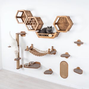 Cat Wall Shelves Set, Wall Mounted Cat Furniture, Climbing Steps, Bridge & Bed