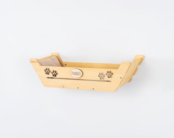 Cat Wall Bed with Cushion, Patterned Wooden Cat Furniture, Wall Mounted Cat Perch