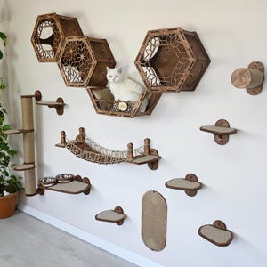 Wall Furniture for Cat Shelves, Playground Shelf for Cat, Climbing Wall Steps for Cat, Wall Mounted Cat House Set, Cat Hexagon Wall Shelf