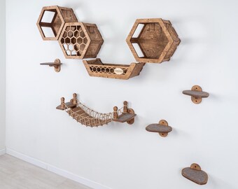 Cat Furniture Wall, Cat Shelves, Cat Wall Steps, Wooden Cat Climbing Wall Set for Indoor Cats