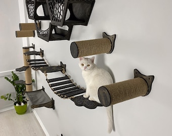 Cat Wall Furniture Set, Wooden Cat Wall Shelf, Wooden Cat Tree, Cat Scratcher, Floating shelf, Cat Scratching, Cat Food Bowl Shelf, Cat Step