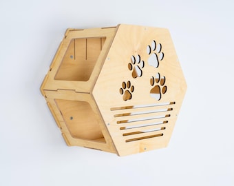 Hexagon Cat Wall Shelf, Wooden Cat Shelf, Paw Patterned Birch Plywood Cat Wall Furniture