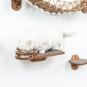 May include: A white cat eating from a stainless steel bowl set into a wooden cat shelf. The shelf is part of a wall-mounted cat furniture system with a rope bridge and other platforms. The cat is on a gray felt pad.