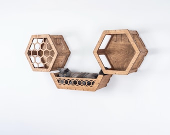 Hexagon Cat Wall Shelves with Cat Wall Bed, Wooden Cat Wall Furniture Set, Wall Mounted Cat Climbing and Resting Set