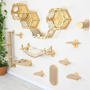 Cat Wall Furniture Set, Cat Shelf, Wall Shelves for Cat, Wall Mounted Cat Furniture, Cat Hexagon Wall Shelf, Wooden Wall Cat Playground
