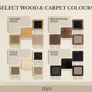 May include: A color chart displaying wood and carpet color options. The text "SELECT WOOD & CARPET COLOURS" is at the top. The chart shows samples of natural, brown, chalk, and black wood paired with black, brown, and beige carpet samples.