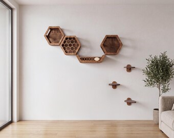 Modern Cat Wall Shelves, Hexagon Cat Shelves, Wooden Cat Wall Furniture, Wall Mounted Cat Shelves