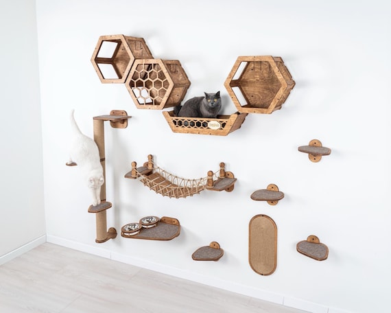 Cat Wall Shelves Set, Wall Mounted Cat Furniture, Climbing Steps, Bridge & Bed