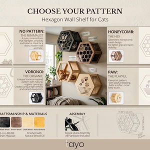 May include: Hexagon-shaped wall shelves for cats, available in various patterns including honeycomb, paw print, and minimalist designs. Crafted from black, brown, chalk, and natural wood, these shelves offer a modern aesthetic. Dimensions: 17.36" x 15.16" x 9.65".