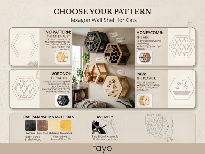 May include: Hexagon-shaped wall shelves for cats, available in various patterns including honeycomb, paw print, and minimalist designs. Crafted from black, brown, chalk, and natural wood, these shelves offer a modern aesthetic. Dimensions: 17.36" x 15.16" x 9.65".