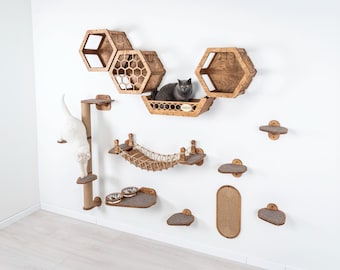 Wall Furniture for Cat Shelves, Playground Shelf for Cat, Climbing Wall Steps for Cat, Wall Mounted Cat House Set, Cat Hexagon Wall Shelf