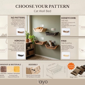 May include: Cat wall beds in various patterns: Minimalist, Hex, Voronoi, and Paw. Made of black, brown, chalk, or natural wood. Includes cushions. Dimensions: 23.62 inches long, 9.65 inches wide, and 6.30 inches high.