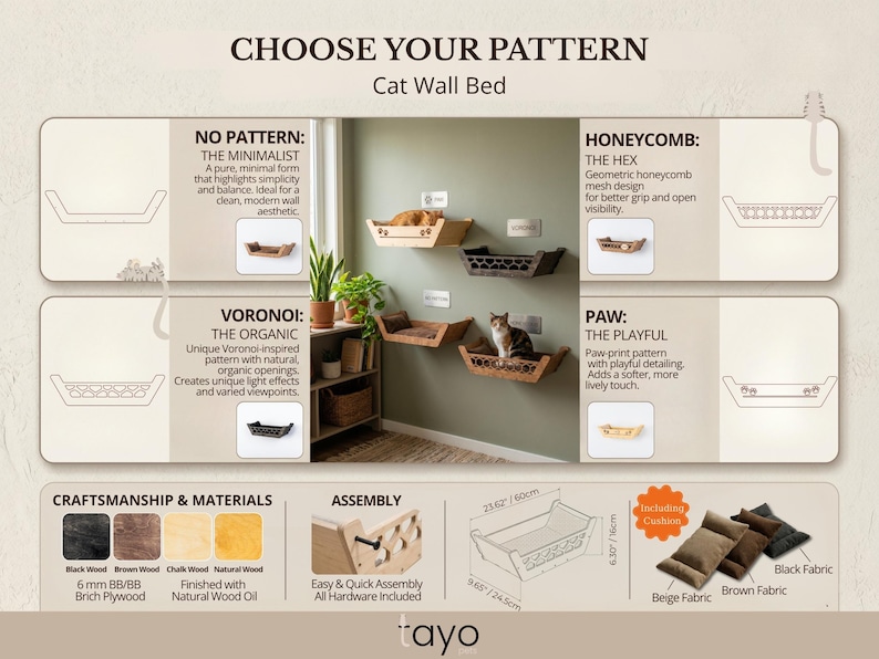 May include: Cat wall beds in various patterns: Minimalist, Hex, Voronoi, and Paw. Made of black, brown, chalk, or natural wood. Includes cushions. Dimensions: 23.62 inches long, 9.65 inches wide, and 6.30 inches high.
