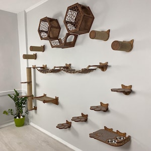 Può includere: Un set di mobili da parete per gatti composto da due recinti esagonali in legno con intagli a nido d'ape, un ponte di corda, diversi tiragraffi cilindrici, gradini a forma di zampa e una stazione di alimentazione con due ciotole.