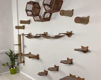 Cat Wall Furniture Set, Cat Shelves, Climbing Steps, Jute Scratching Posts & Hammock
