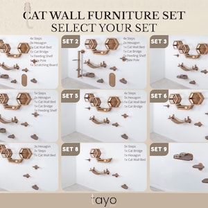 May include: A selection of cat wall furniture sets, each displayed on a white wall. The sets include steps, hexagon-shaped platforms, cat beds, bridges, and feeding shelves. Text at the top reads "CAT WALL FURNITURE SET SELECT YOUR SET."