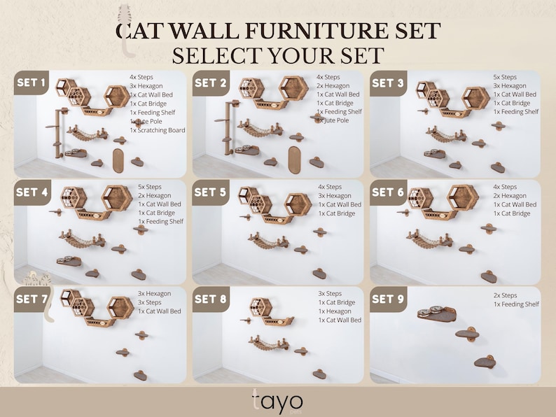May include: A selection of cat wall furniture sets, each displayed on a white wall. The sets include steps, hexagon-shaped platforms, cat beds, bridges, and feeding shelves. Text at the top reads "CAT WALL FURNITURE SET SELECT YOUR SET."