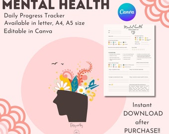 Mental Health Tracker, Printable, Customizable, Mental Health Journal Mood Tracker Therapy, Wellness tracker, Mood tracker
