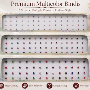 May include: Three rectangular boxes containing rows of small, round, multicolored bindis. The boxes are labeled with sizes 1mm, 2mm, and 3mm, with a visual reference showing the scale of these sizes. The text reads Premium Multicolor Bindis.
