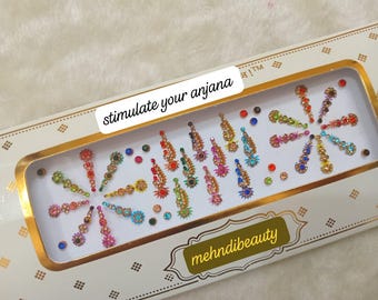 Veelkleurige lange bindi voor gezicht en lichaam, stenen bindi, bindi voor huwelijk, bindi voor feestkleding, bindi met alle functies, meerkleurige stud