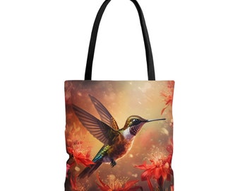 Hummingbird with Red Flowers Tote Bag - Unique Gift - Made in USA - Durable Carryall