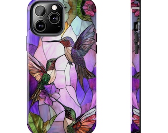 Purple Stained Glass Hummingbirds Phone Cases - iPhone Cases - 16&#39;s thru 7, 8 and SE&#39;s - Dual Layers - iphone 15 case - iphone 13 case - ETC
