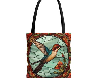 Green Stained Glass Hummingbird Tote Bag - Unique Gift - Durable Carryall - Made in USA