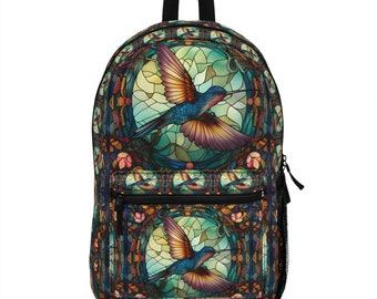 Stained Glass Hummingbird Backpack - Lightweight - Multiple Compartments - Unique Gift - Durable Carryall - Made in USA