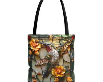 Golden Stained Glass Hummingbird Tote Bag - 3 Sizes - 5 Handle Colors - Highly Durable - Unique Gift - Canvas Bag - Cotton Handle