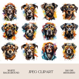 Cool Dogs Clipart -  12 High Quality JPGs - Cute Watercolor Dogs - Digital Download - Card Making, Mixed Media, Digital Paper Craft