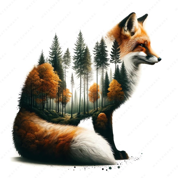 Forest Fox Clipart | 10 High-Quality Images | Wildlife Art | Double Exposure Fox and Forest | Digital Prints | Wall Art | Commercial Use