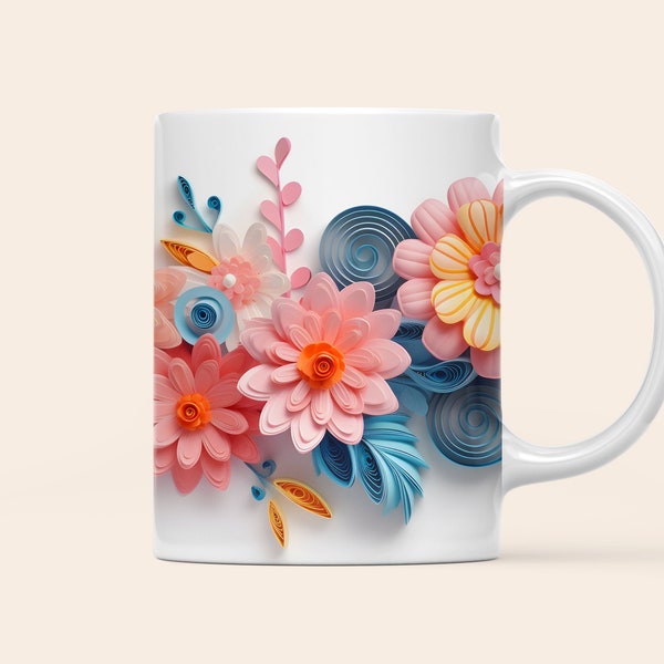 3D Pink Blue Flowers Mug Wrap, Mug Wrap for Sublimation, 3D Floral Paper Art Mug Design PNG, 3D Trending Mug Wrap, 11 oz and 15oz Mugs PNG