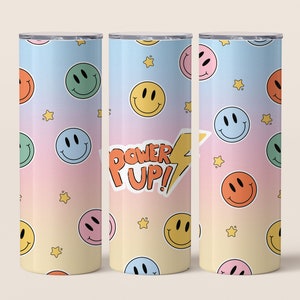 Power Up Retro 20oz Sublimation Tumbler Designs, Retro Smiley Face 9.2 x 8.3” Straight Skinny Tumbler Wrap PNG