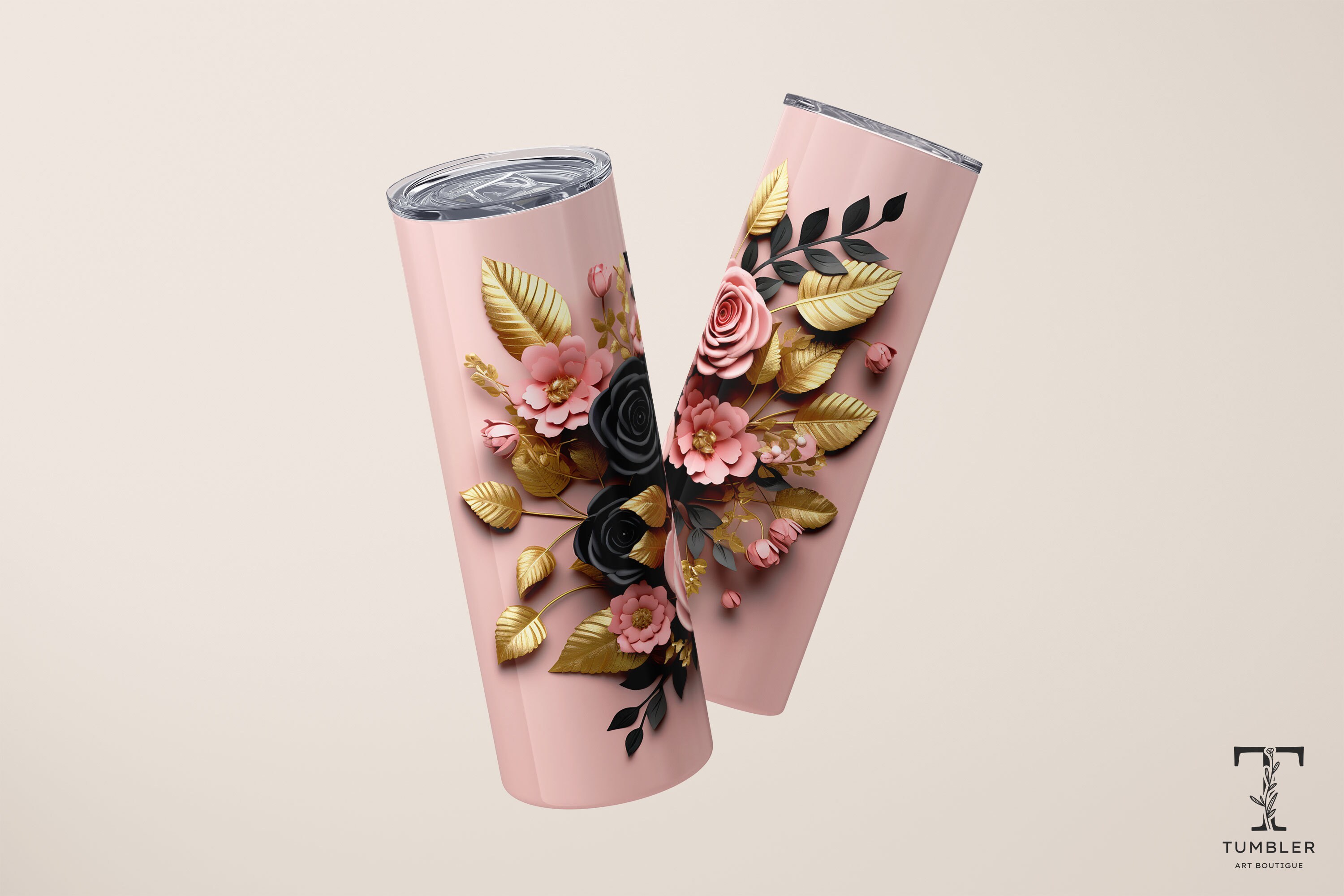 3D Pink Gold Black Flowers 20 Oz Skinny Tumbler Sublimation Etsy