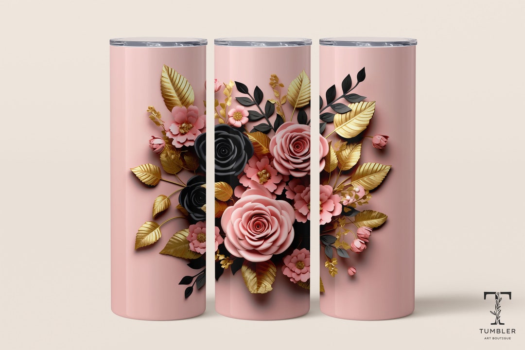 3D Pink Gold Black Flowers 20 Oz Skinny Tumbler Sublimation Design, 3D