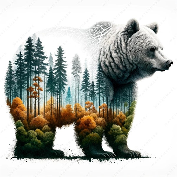 Grizzly Bear Clipart | 10 High-Quality Images | Wildlife Art | Double Exposure Bear and Wild | Digital Prints | Commercial Use