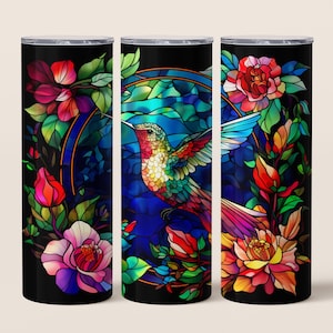 Flowers Hummingbird Stained Glass 20 oz Skinny Tumbler Sublimation Design, Instant Digital Download PNG, Straight & Tapered Tumbler Wrap PNG
