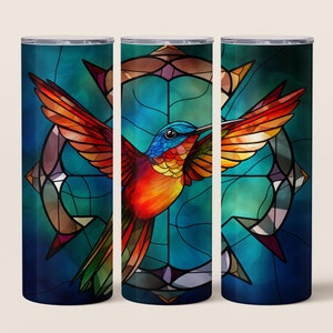Stained Glass Hummingbird 20 oz Skinny Tumbler Sublimation Design, Hummingbird Straight & Tapered Tumbler Wrap PNG, Instant Digital Download