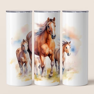 Watercolor Horse Family 20oz Skinny Tumbler Design, Horses Tumbler Wrap, Watercolor Horse Sublimation Straight & Tapered Tumbler Wrap PNG