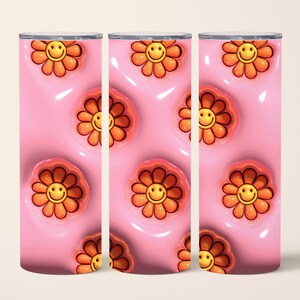 3D gonflé Rose Smiley Daisy Tumbler Wrap, Puffy Tumbler Wrap, 20 oz Skinny Tumbler Sublimation Design, Straight & Tapered 3D Tumbler Wrap