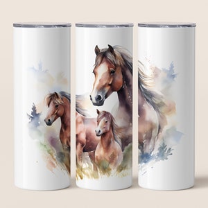 Watercolor Horse Family 20oz Skinny Tumbler Design, Horses Tumbler Wrap, Watercolor Horse Sublimation Straight & Tapered Tumbler Wrap PNG