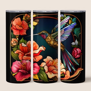 Flowers Hummingbird Stained Glass 20 oz Skinny Tumbler Sublimation Design, Instant Digital Download PNG, Straight & Tapered Tumbler Wrap PNG