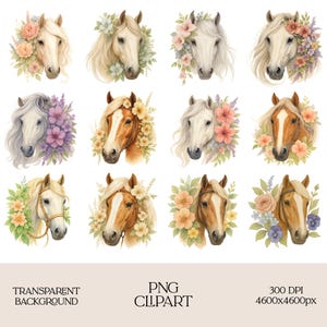 12 Floral Horses Clipart, Printable Watercolor Clipart, High Quality Png And Jpgs, Digital Download, Sublimation, Junk Journals, Stickers