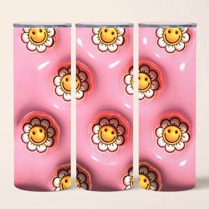 3D gonflé Rose Smiley Daisy Tumbler Wrap, Puffy Tumbler Wrap, 20 oz Skinny Tumbler Sublimation Design, Straight & Tapered 3D Tumbler Wrap