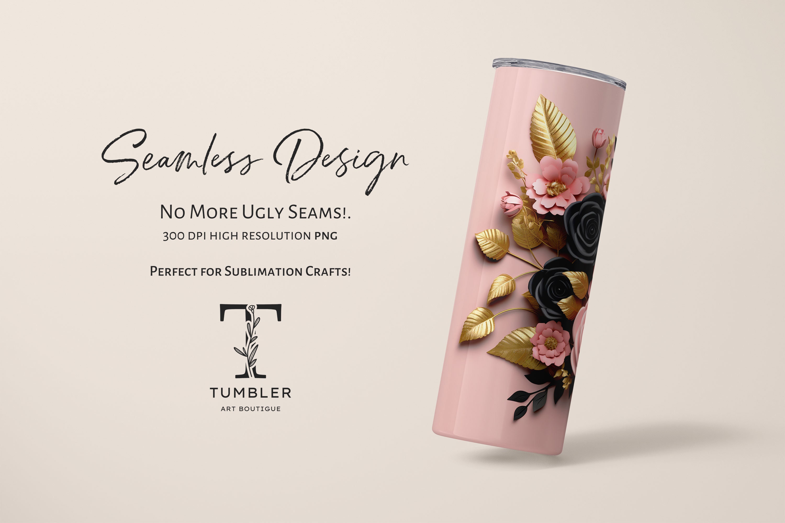 3D Pink Gold Black Flowers 20 Oz Skinny Tumbler Sublimation Etsy