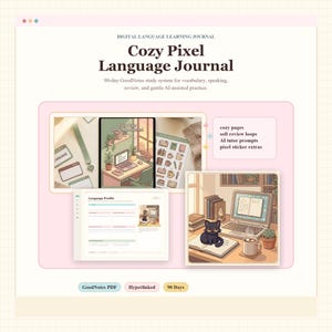 以下が含まれることがあります： 「Cozy Pixel Language Journal」というデジタル語学学習ジャーナル。ラップトップ、猫、学習資料を備えたワークスペースのイラストが特徴です。ジャーナルには、居心地の良いページ、レビュー ループ、AI チューター プロンプト、ピクセル ステッカー エクストラが含まれています。
