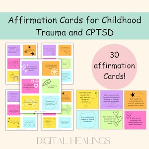 May include: Thirty affirmation cards with colourful backgrounds and positive messages for childhood trauma and CPTSD. The cards feature stars, rainbows, butterflies, and other illustrations.
