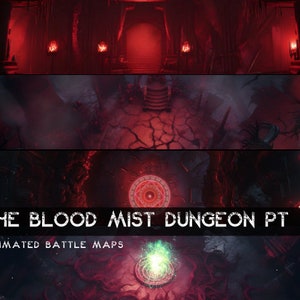 Puede incluir: Una ilustración digital de una mazmorra roja y negra con el texto "The Blood Mist Dungeon Pt 2 Animated Battle Maps".